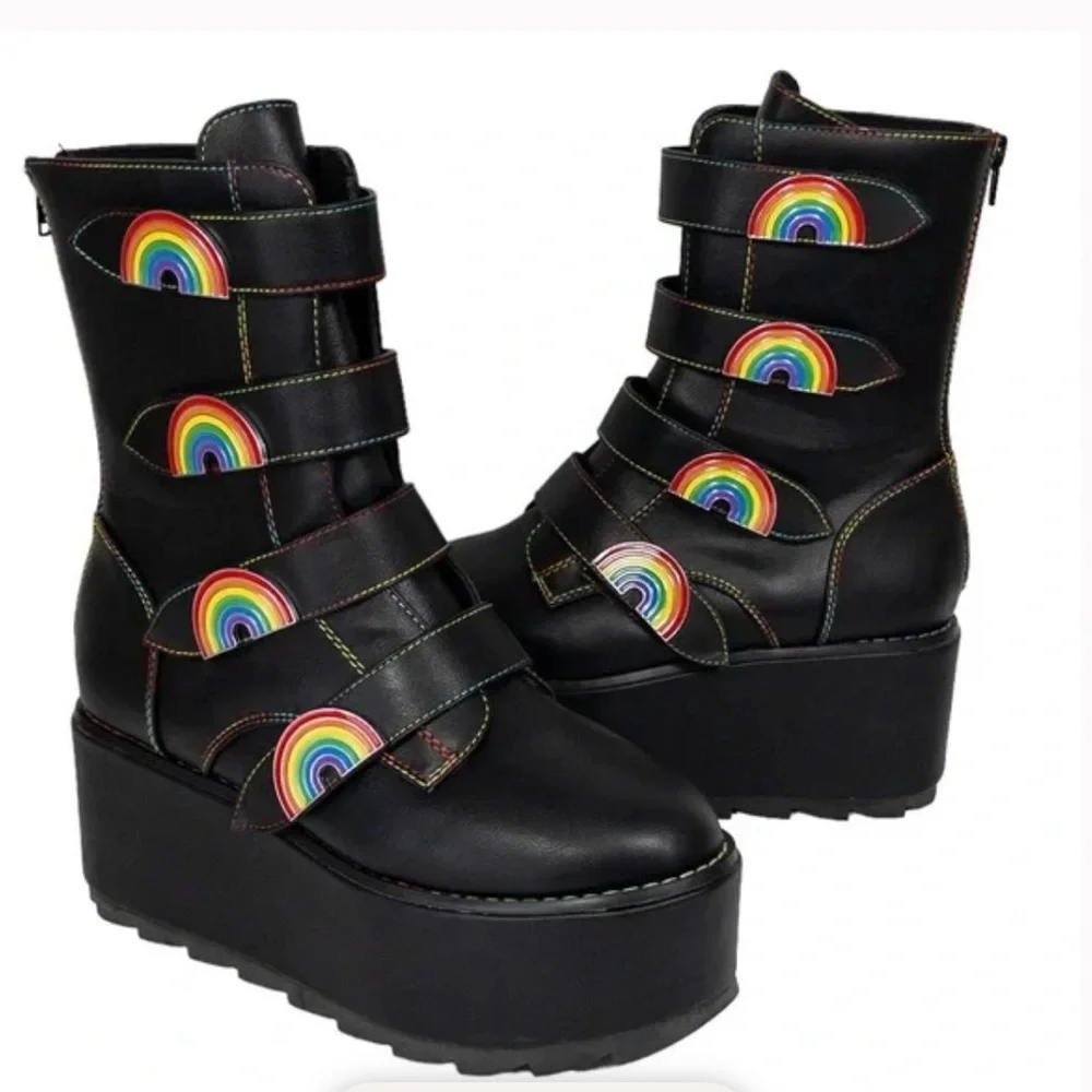 YRU Karma Rainbow Platform Black Vegan Boots Size 8